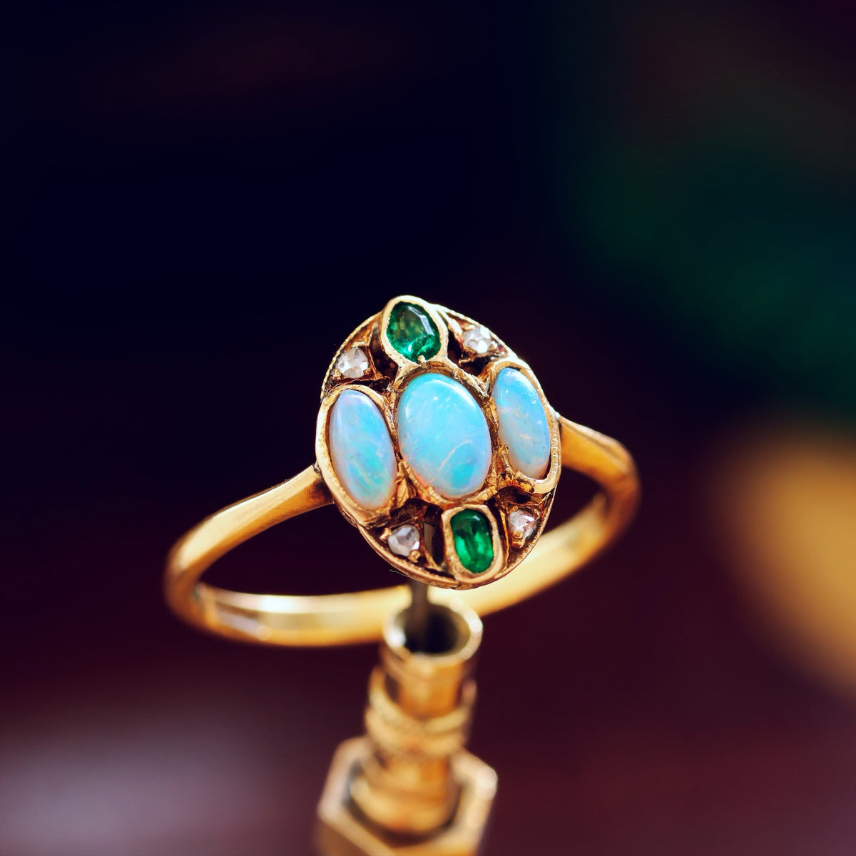 Antique Hand Made Opal, Emerald & Diamond Ring
