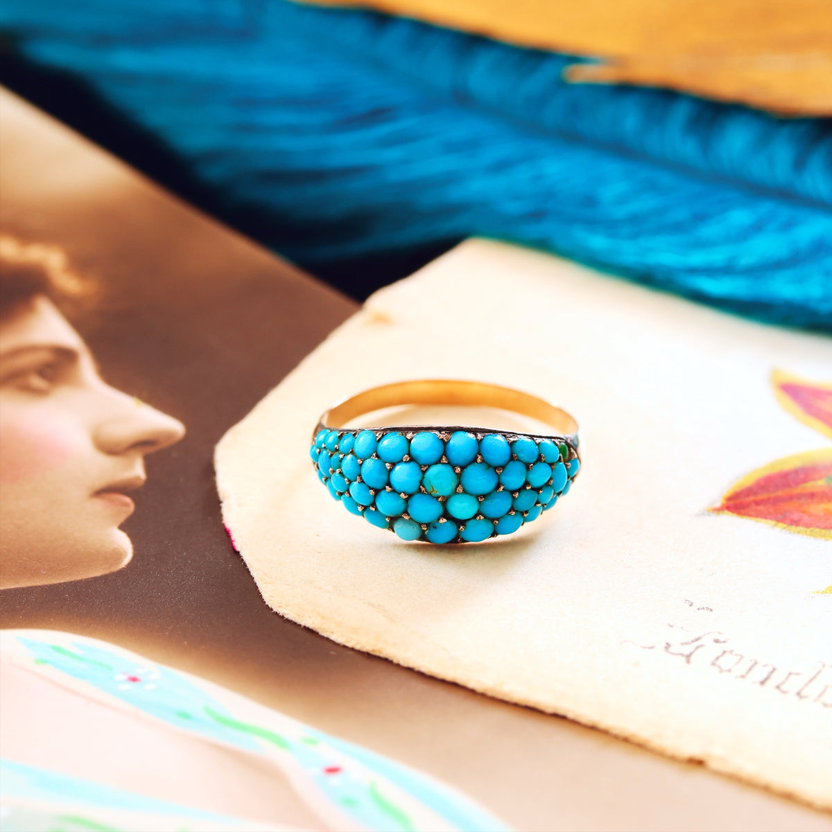 Antique Mid Victorian Pave Persian Turquoise Ring
