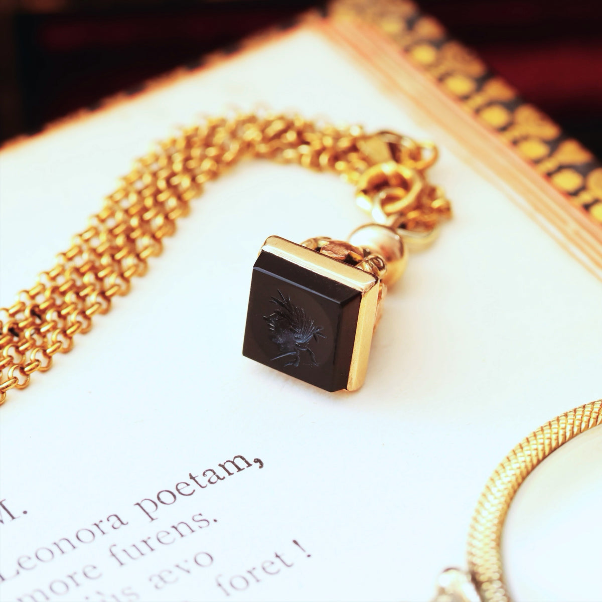 Antique Miniature Roman Inspired Intaglio Seal Fob & Chain
