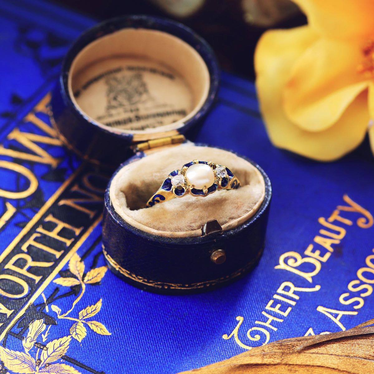 Exceptional Antique Natural Pearl, Diamond & Enamel Ring