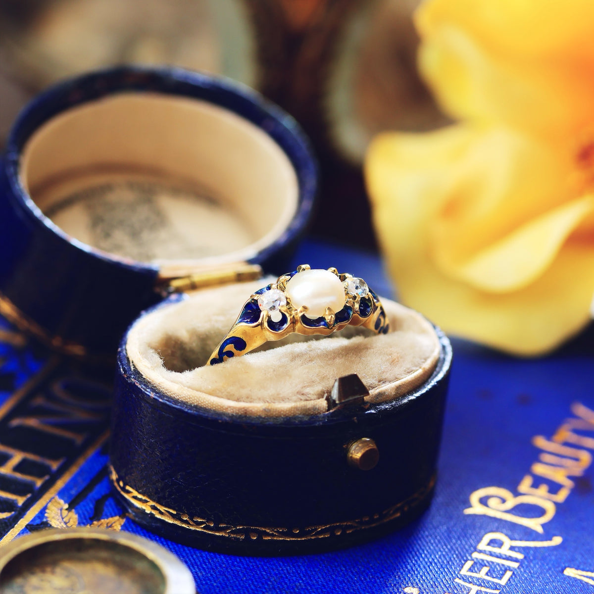 Exceptional Antique Natural Pearl, Diamond & Enamel Ring