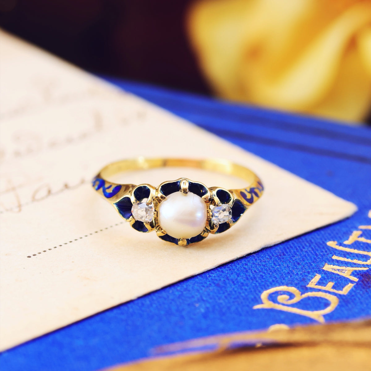 Exceptional Antique Natural Pearl, Diamond & Enamel Ring