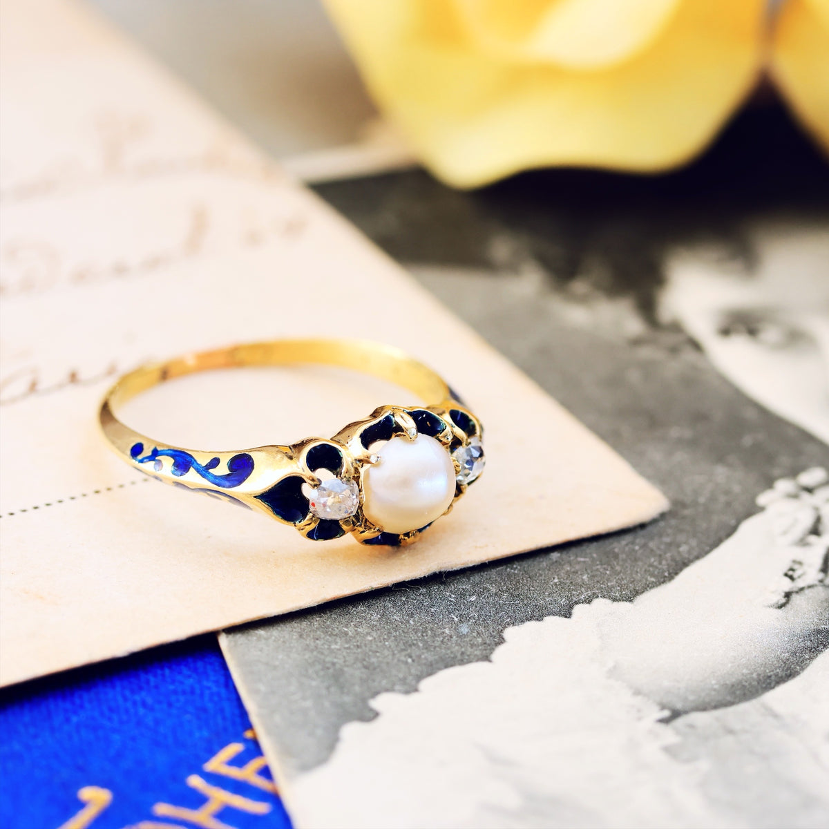Exceptional Antique Natural Pearl, Diamond & Enamel Ring