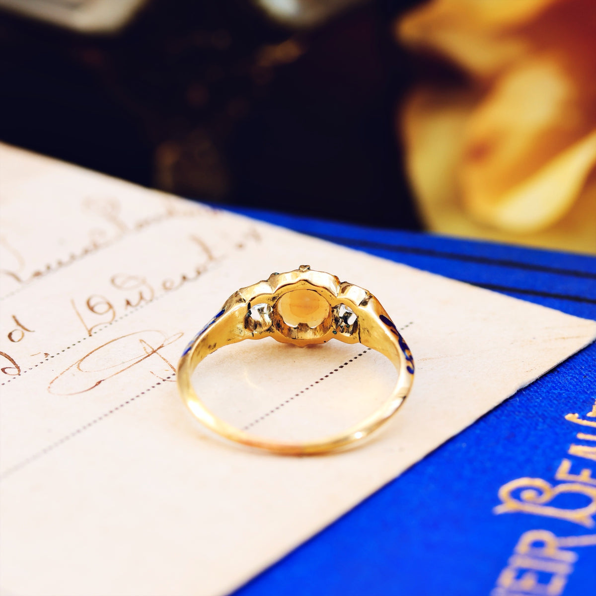 Exceptional Antique Natural Pearl, Diamond & Enamel Ring
