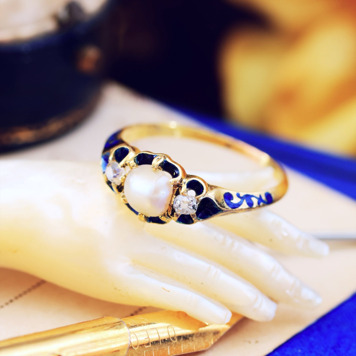 Exceptional Antique Natural Pearl, Diamond & Enamel Ring