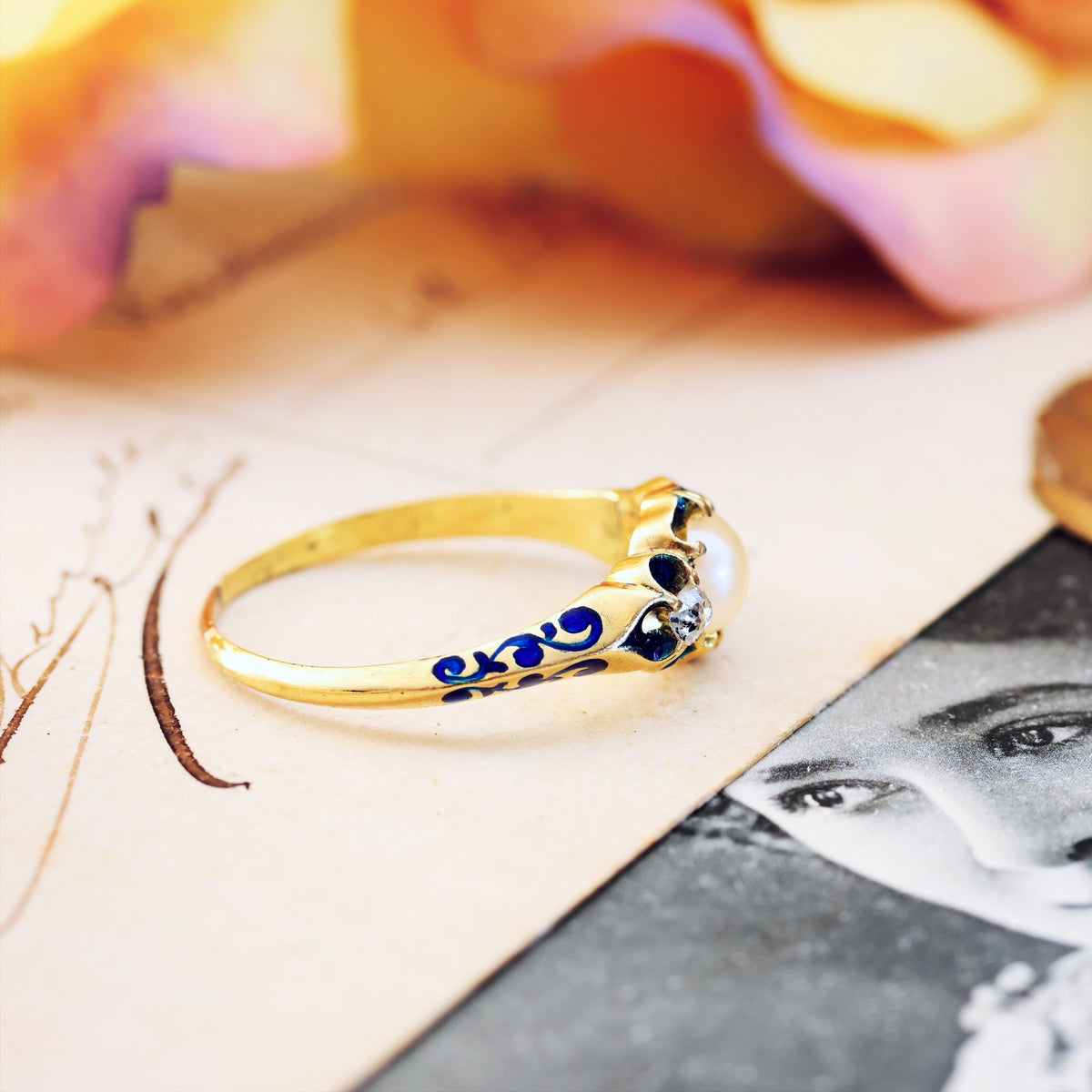 Exceptional Antique Natural Pearl, Diamond & Enamel Ring