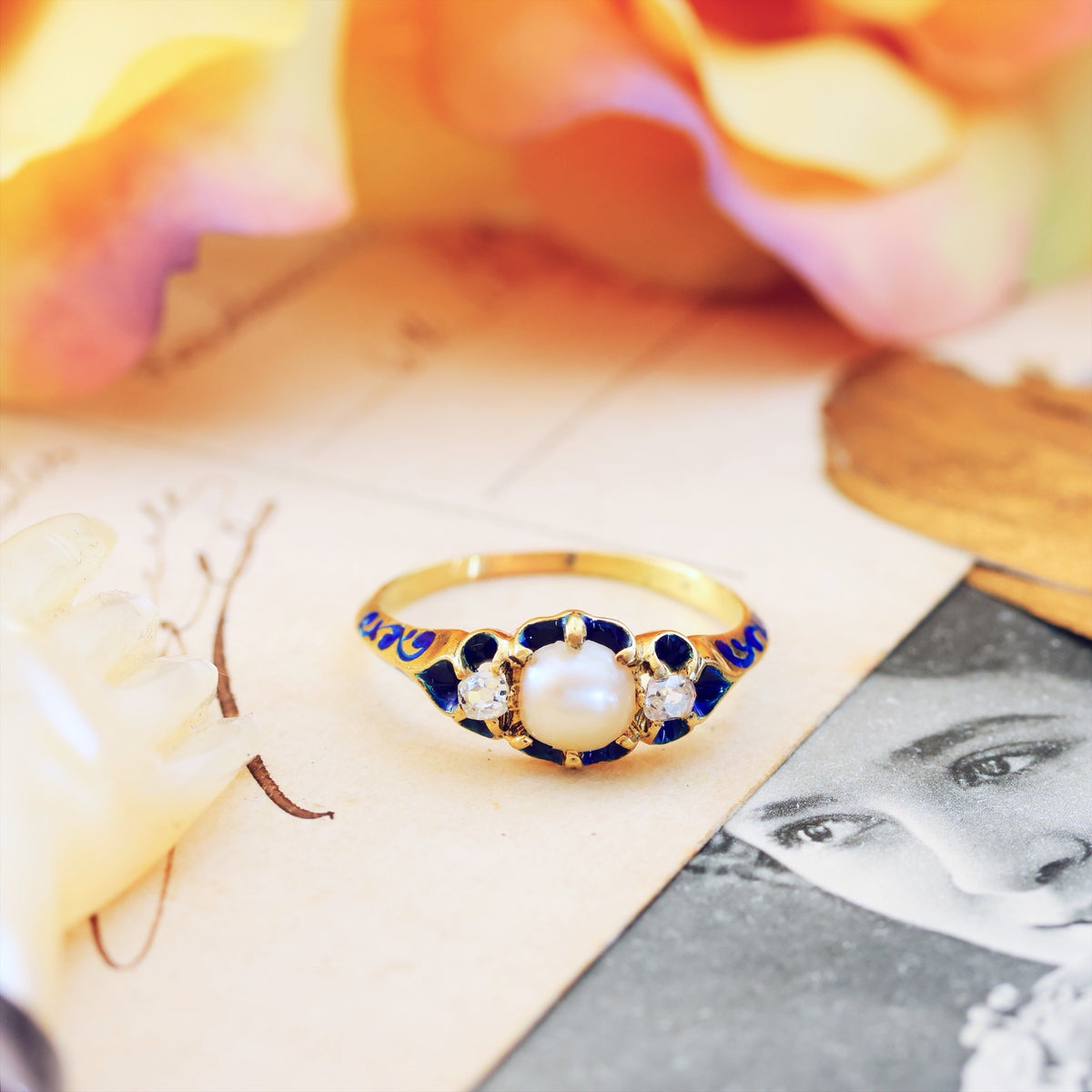 Exceptional Antique Natural Pearl, Diamond & Enamel Ring