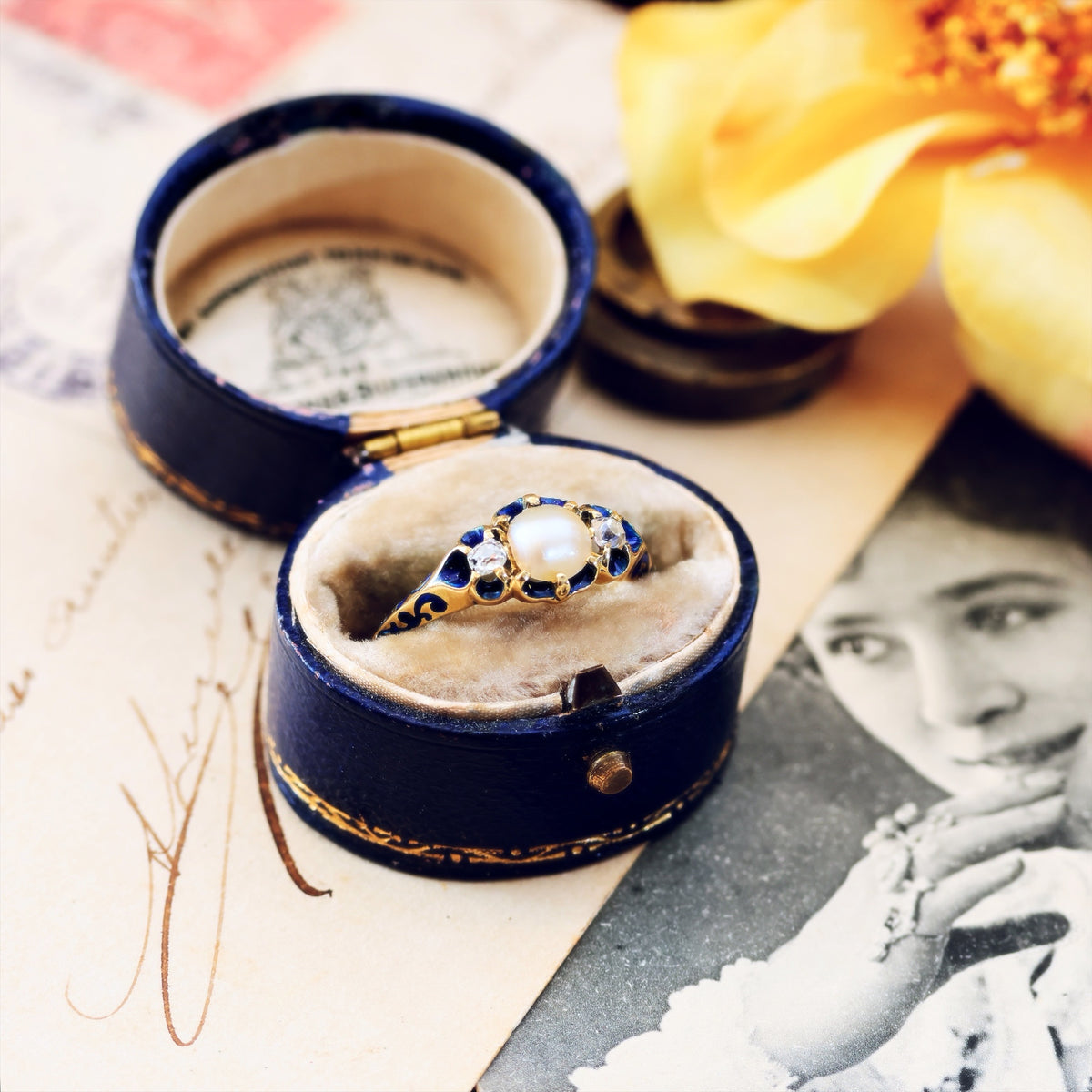 Exceptional Antique Natural Pearl, Diamond & Enamel Ring