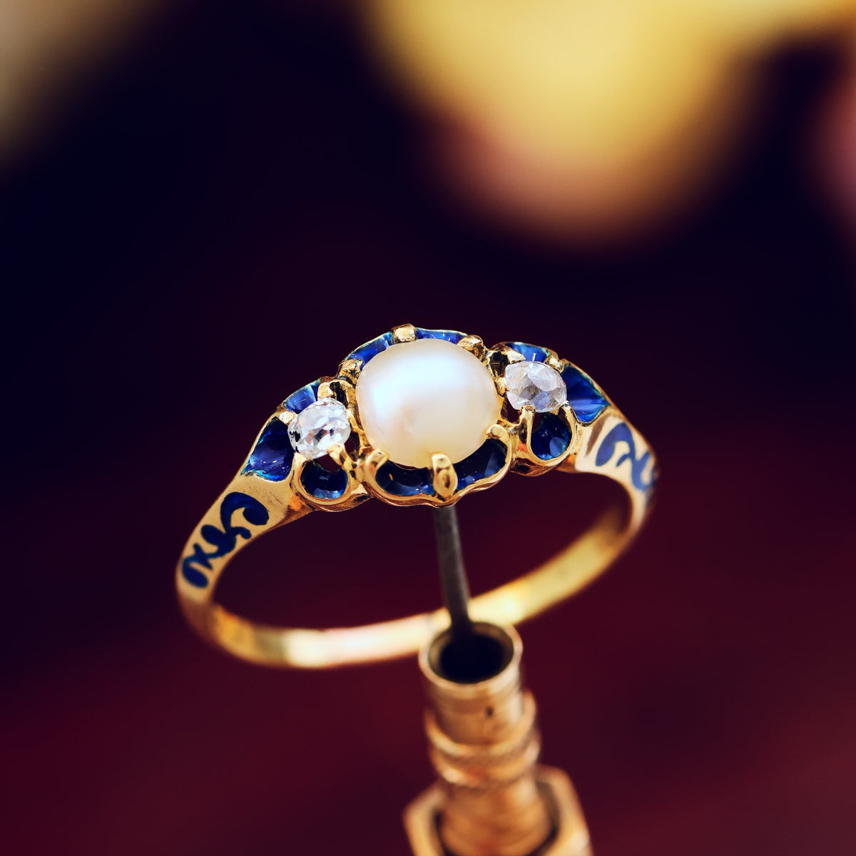 Exceptional Antique Natural Pearl, Diamond & Enamel Ring