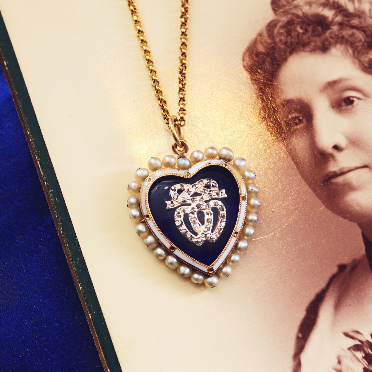 Antique Twin Hearts Natural Pearl Enamelled Heart Pendant