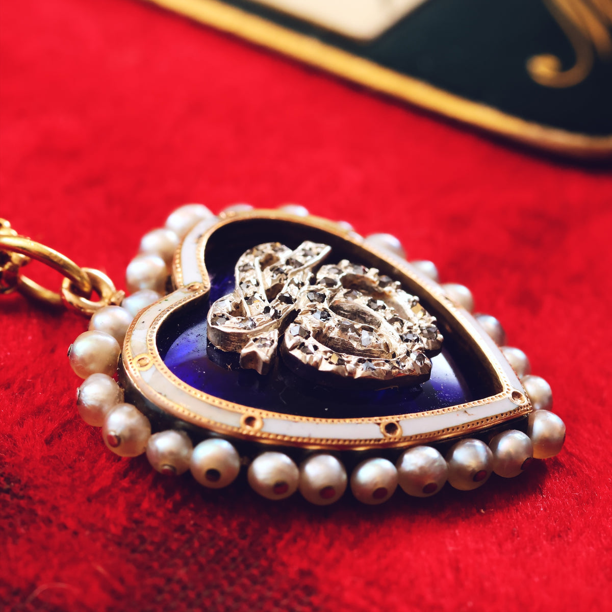 Antique Twin Hearts Natural Pearl Enamelled Heart Pendant