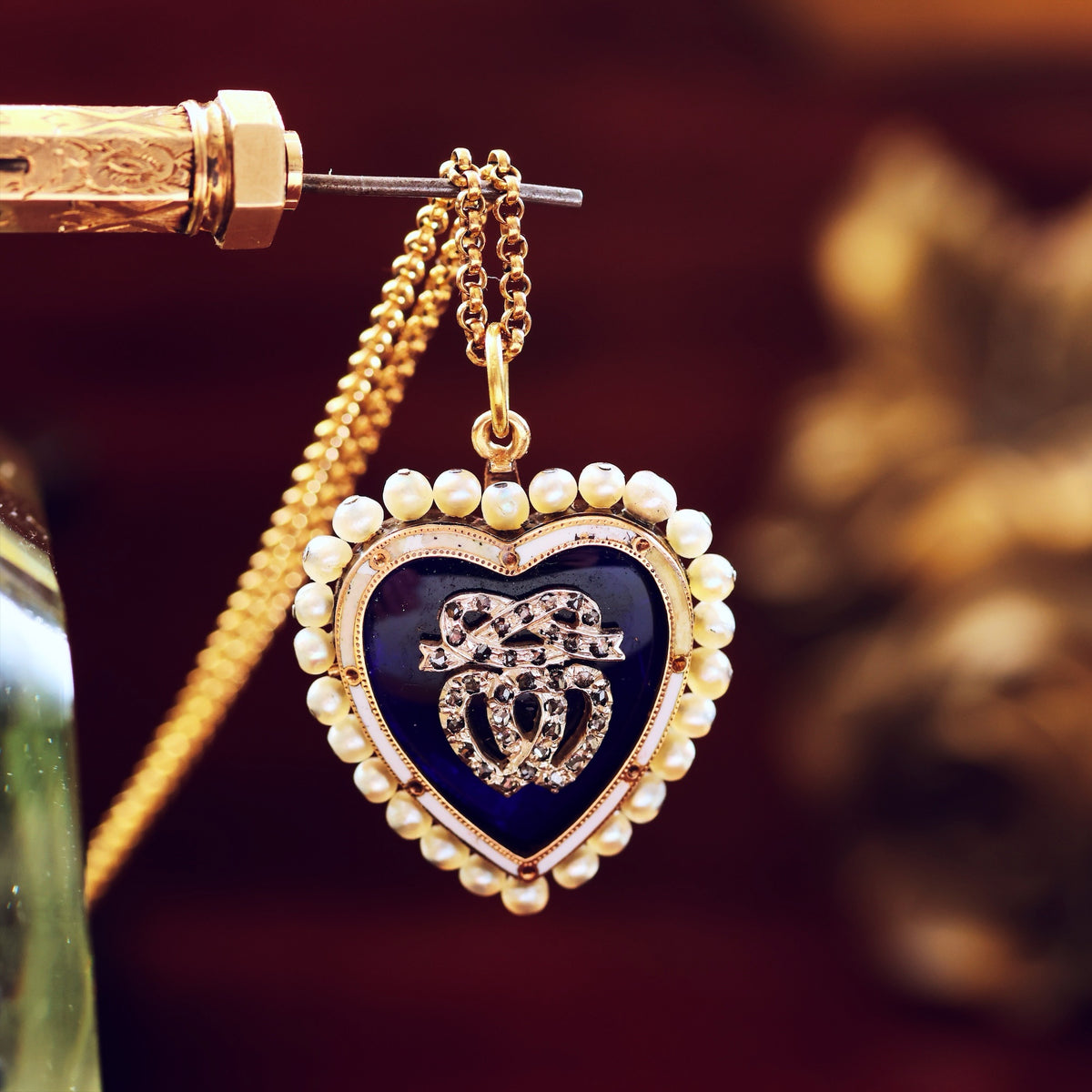 Antique Natural Pearl Enamelled Gold Heart & Chain