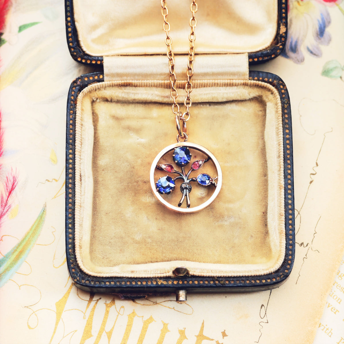 Antique Natural Sapphires, Diamond & Ruby Pendant