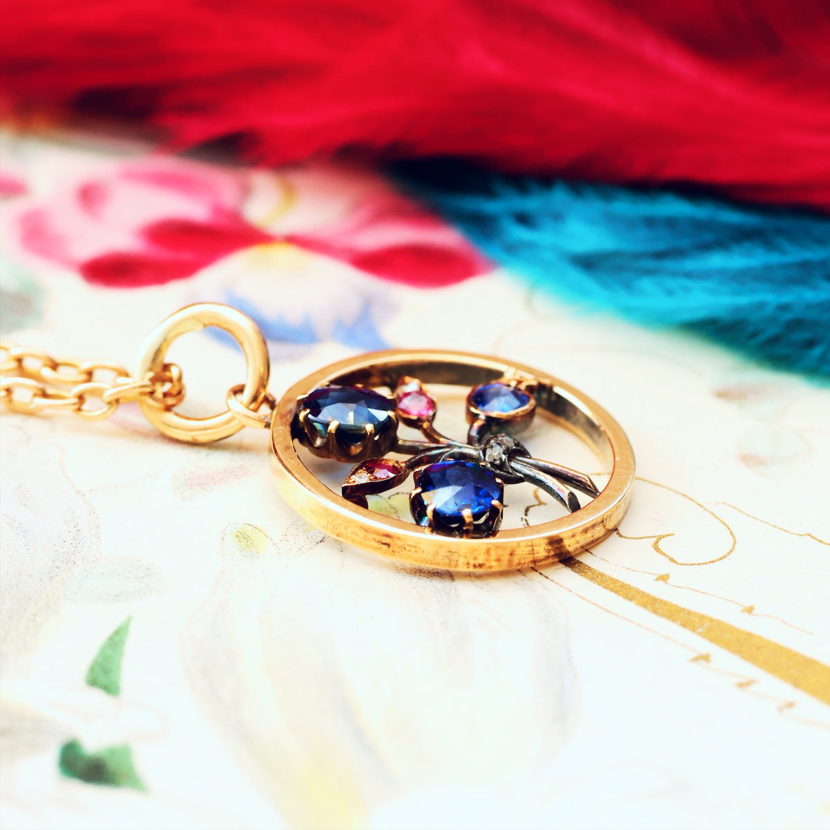 Antique Natural Sapphires, Diamond & Ruby Pendant