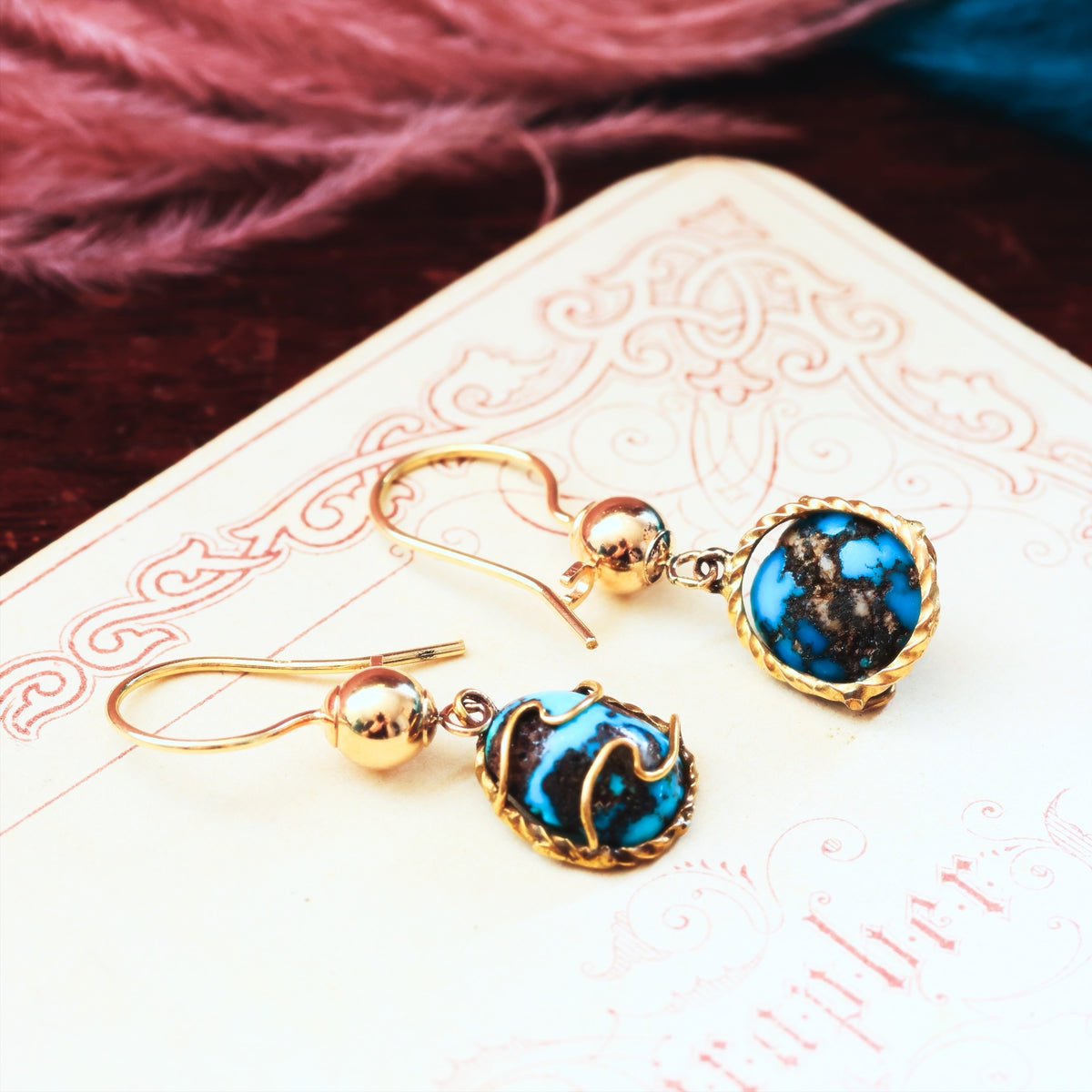 Antique Natural Turquoise in Matrix Drop Earrings