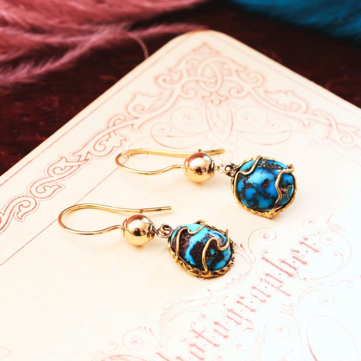 Antique Natural Turquoise in Matrix Drop Earrings
