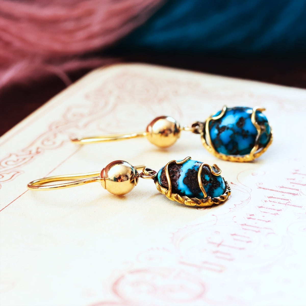 Antique Natural Turquoise in Matrix Drop Earrings