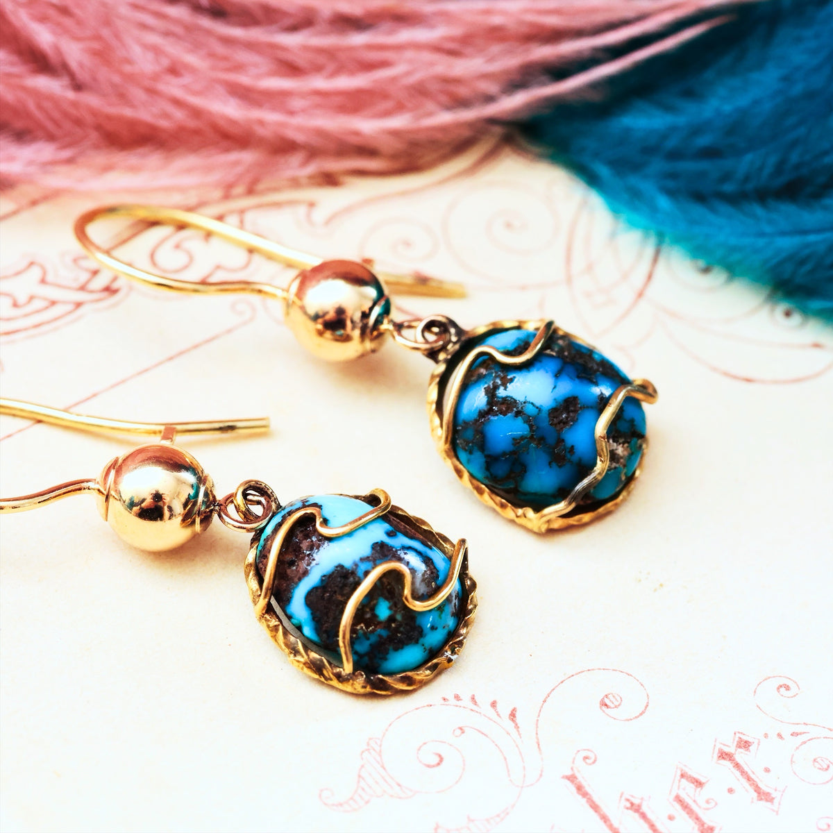 Antique Natural Turquoise in Matrix Drop Earrings