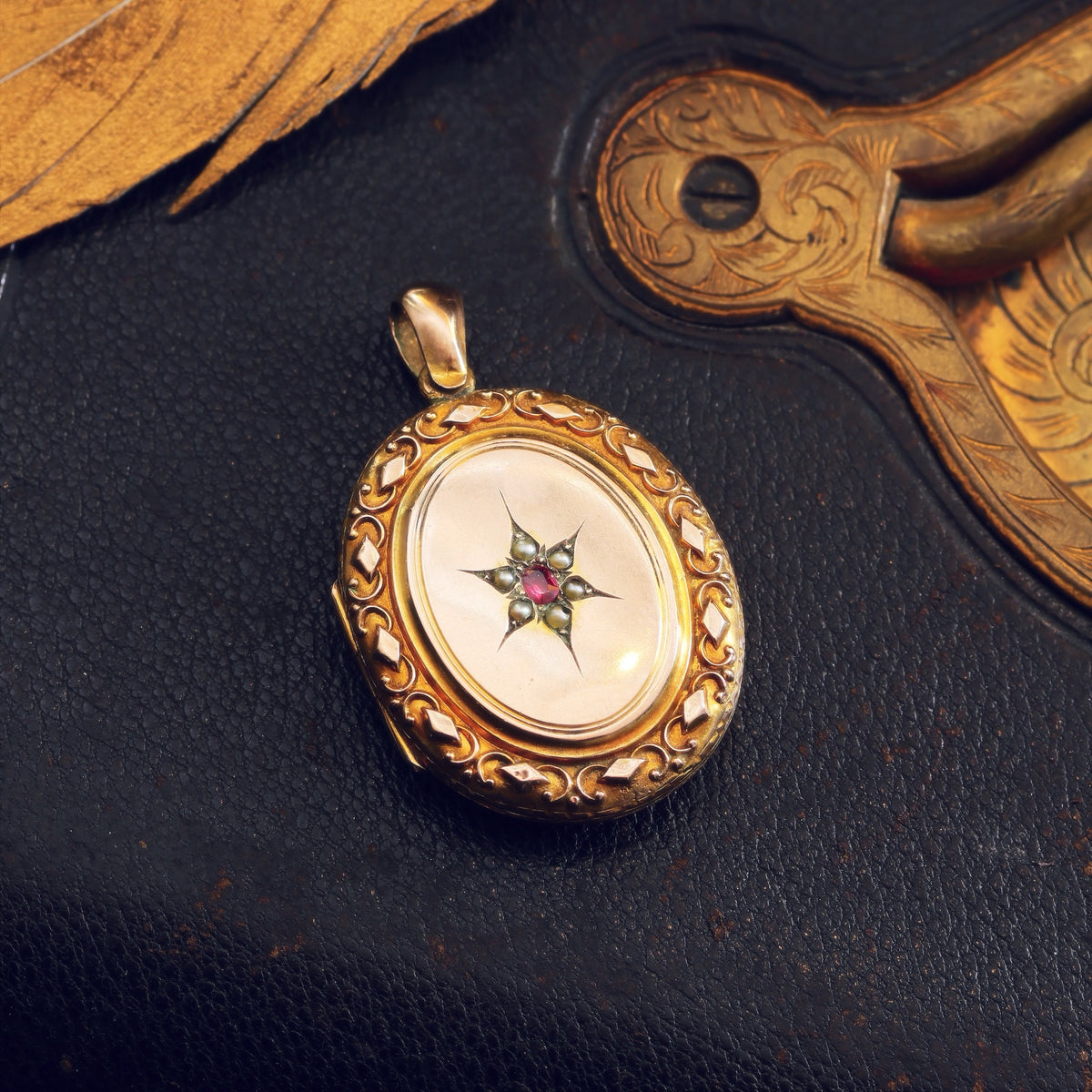 Antique Oval Garnet & Pearl Gold Locket