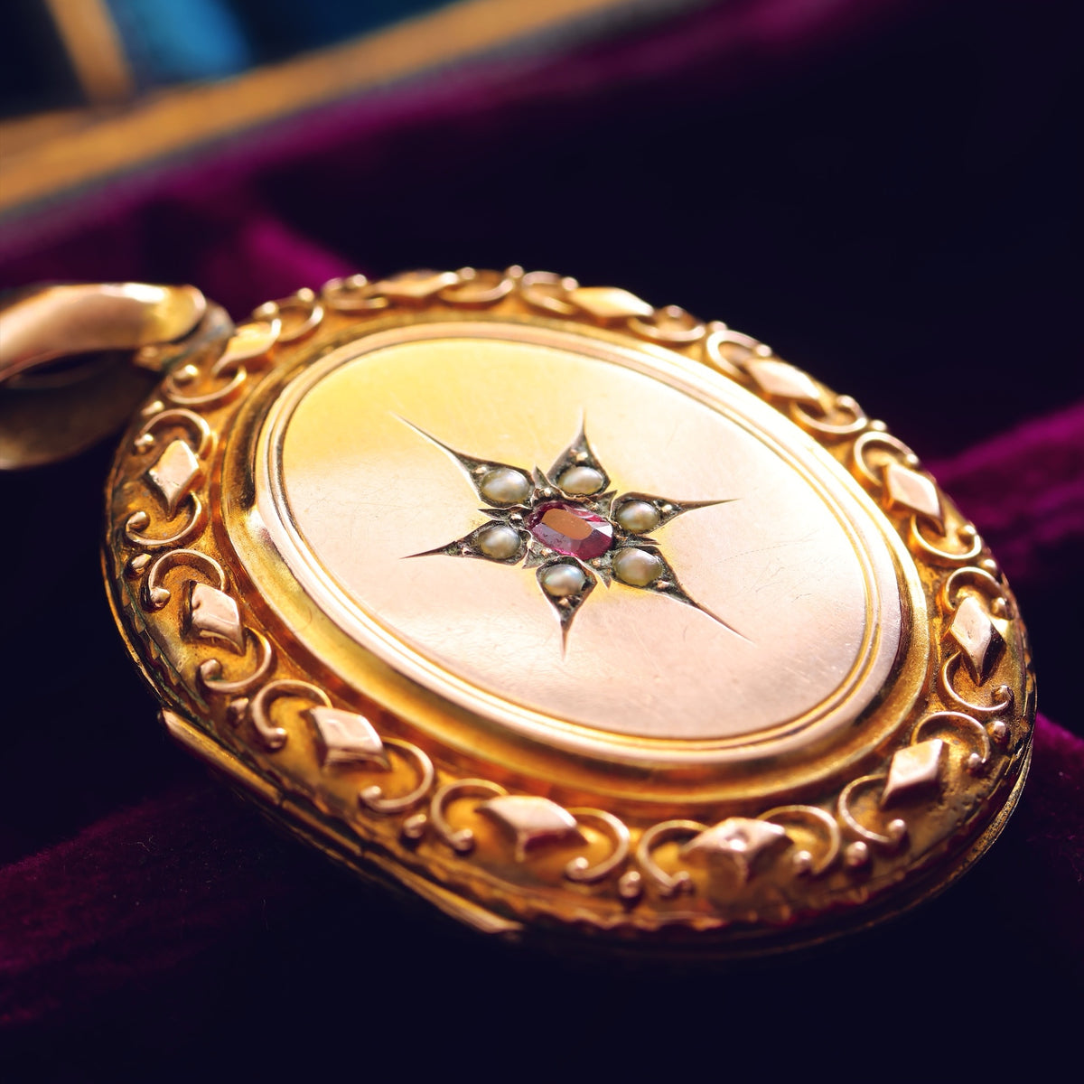 Antique Oval Garnet & Pearl Gold Locket