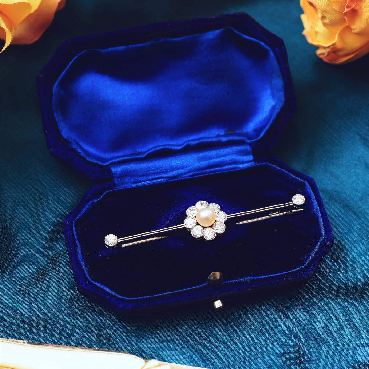 Creme de la Creme Antique Pearl & Diamond Brooch in Original Box