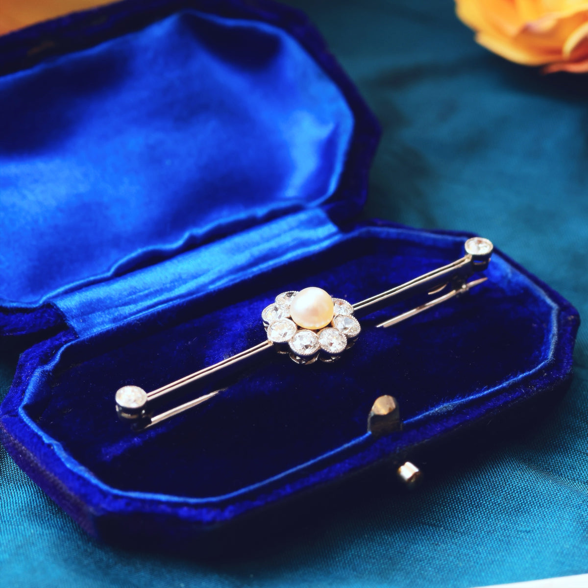 Creme de la Creme Antique Pearl & Diamond Brooch in Original Box
