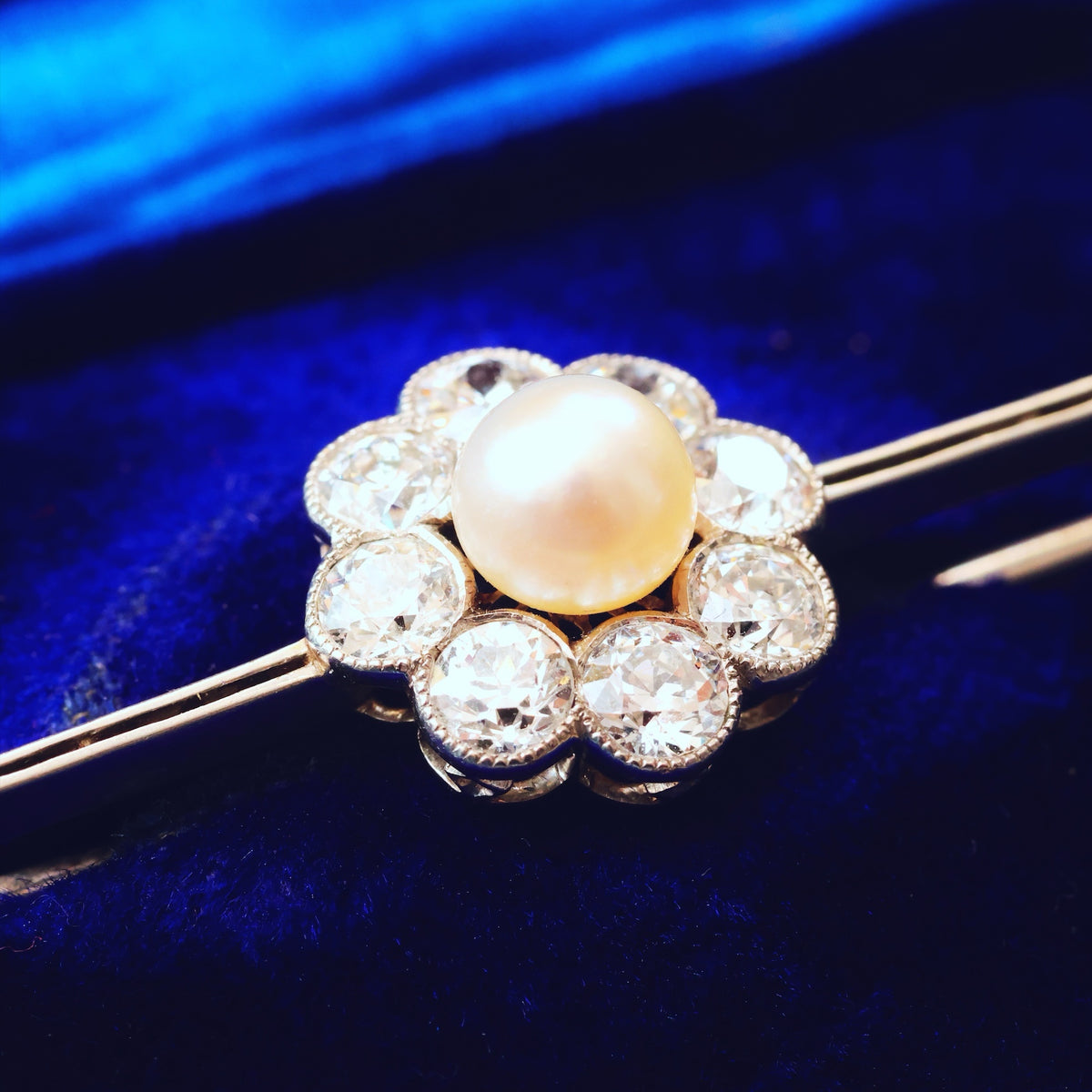 Creme de la Creme Antique Pearl & Diamond Brooch in Original Box