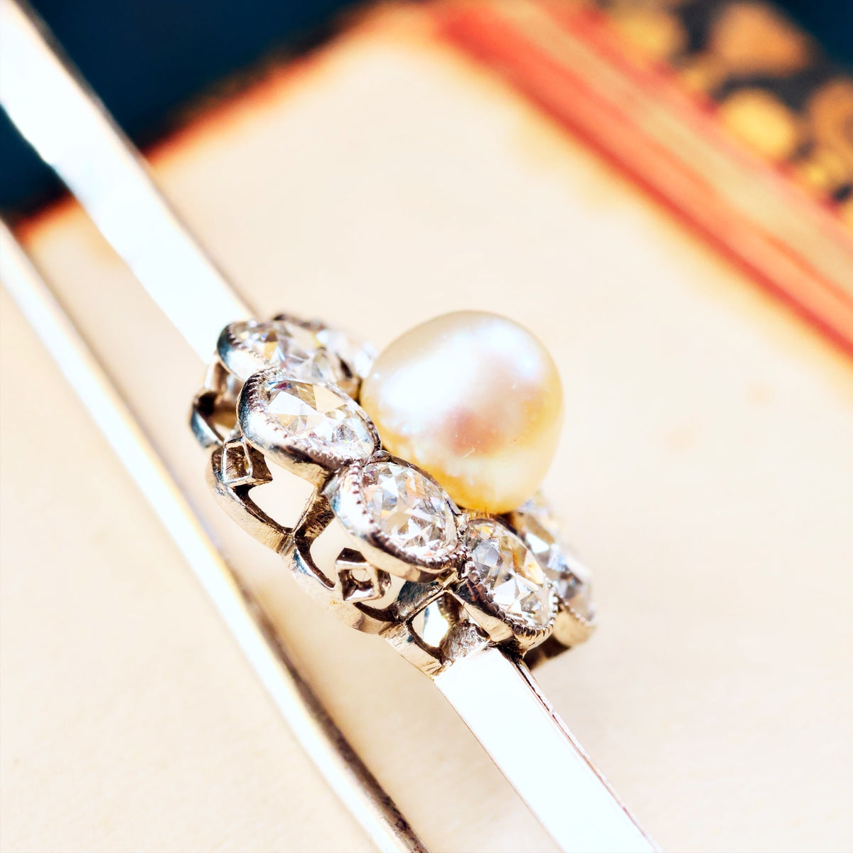 Creme de la Creme Antique Pearl & Diamond Brooch in Original Box