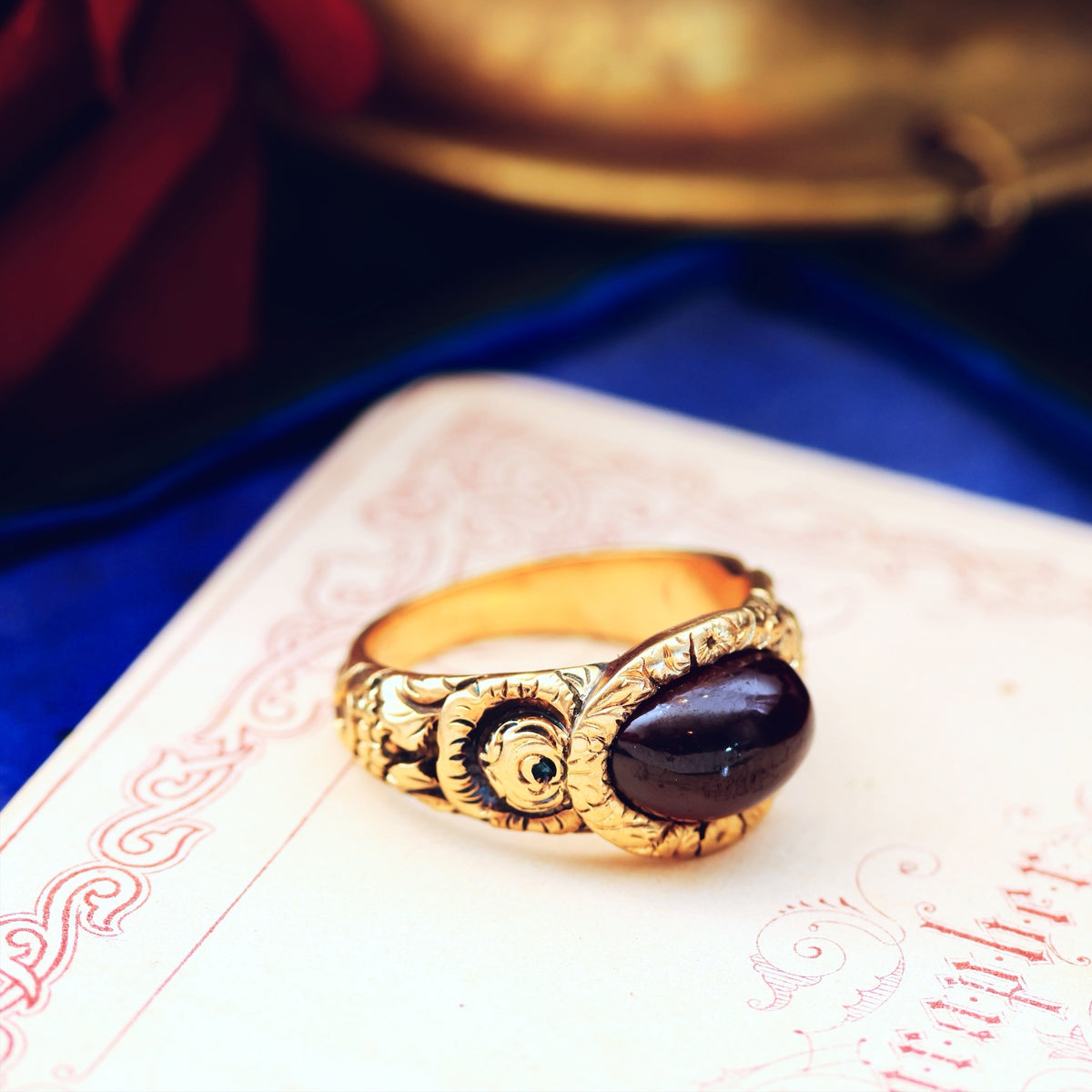 Rare Georgian Repousse Rococo Garnet Ring
