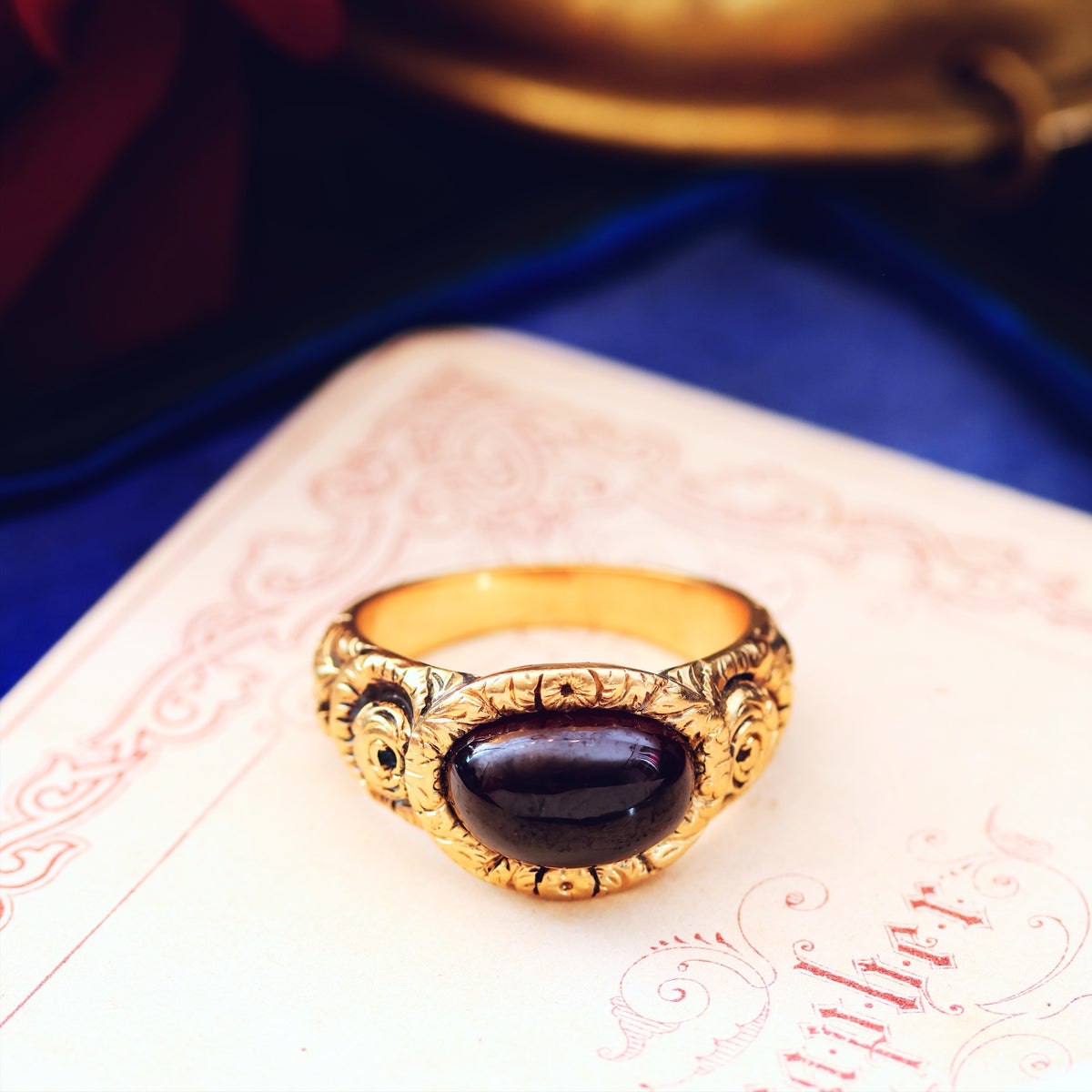 Rare Georgian Repousse Rococo Garnet Ring
