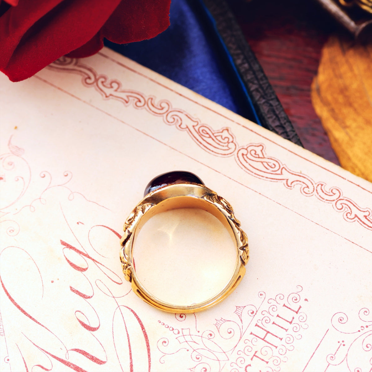 Rare Georgian Repousse Rococo Garnet Ring