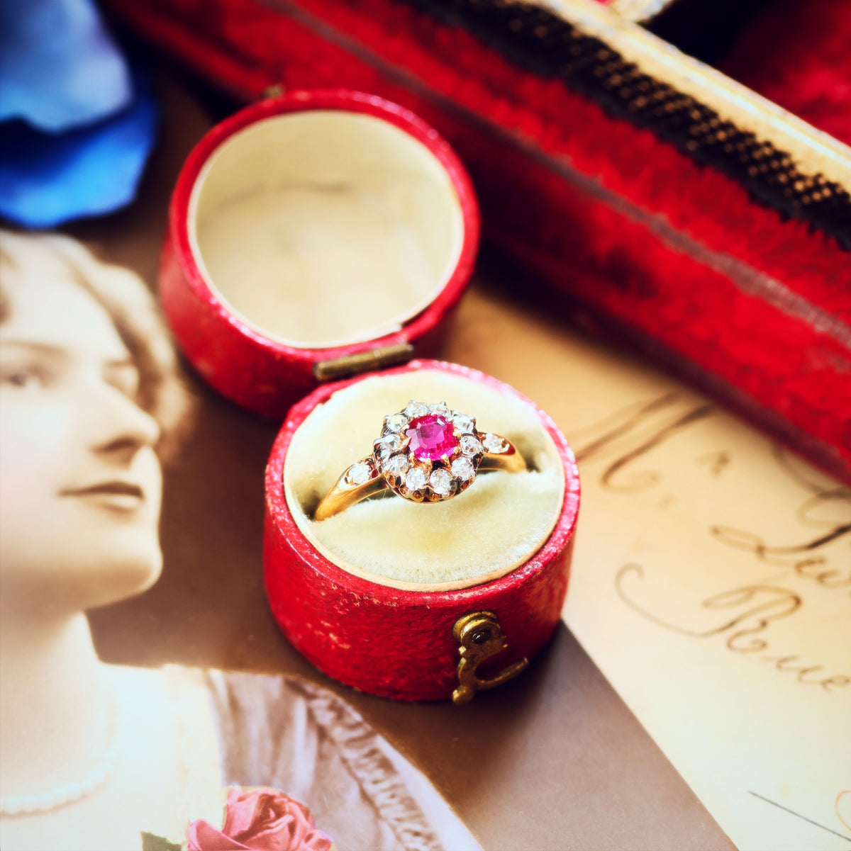 Enchanting Antique Ruby & Diamond Rosette Cluster Ring