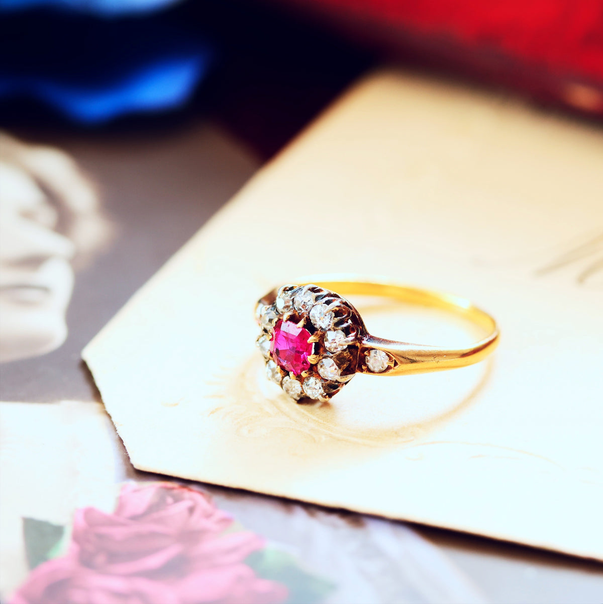Enchanting Antique Ruby & Diamond Rosette Cluster Ring