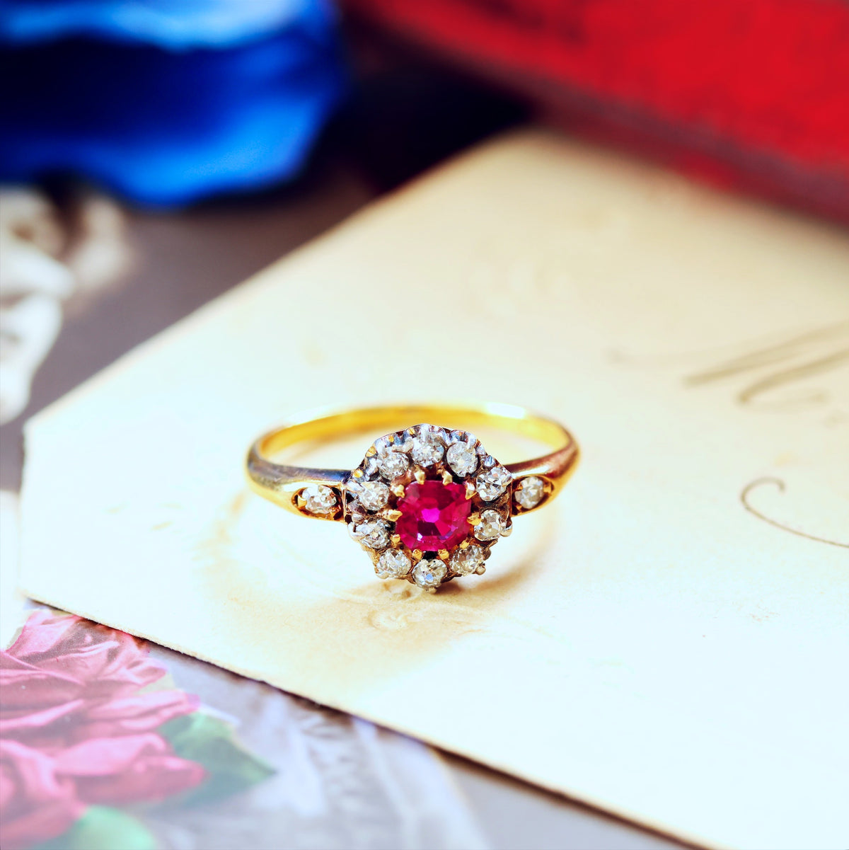 Enchanting Antique Ruby & Diamond Rosette Cluster Ring