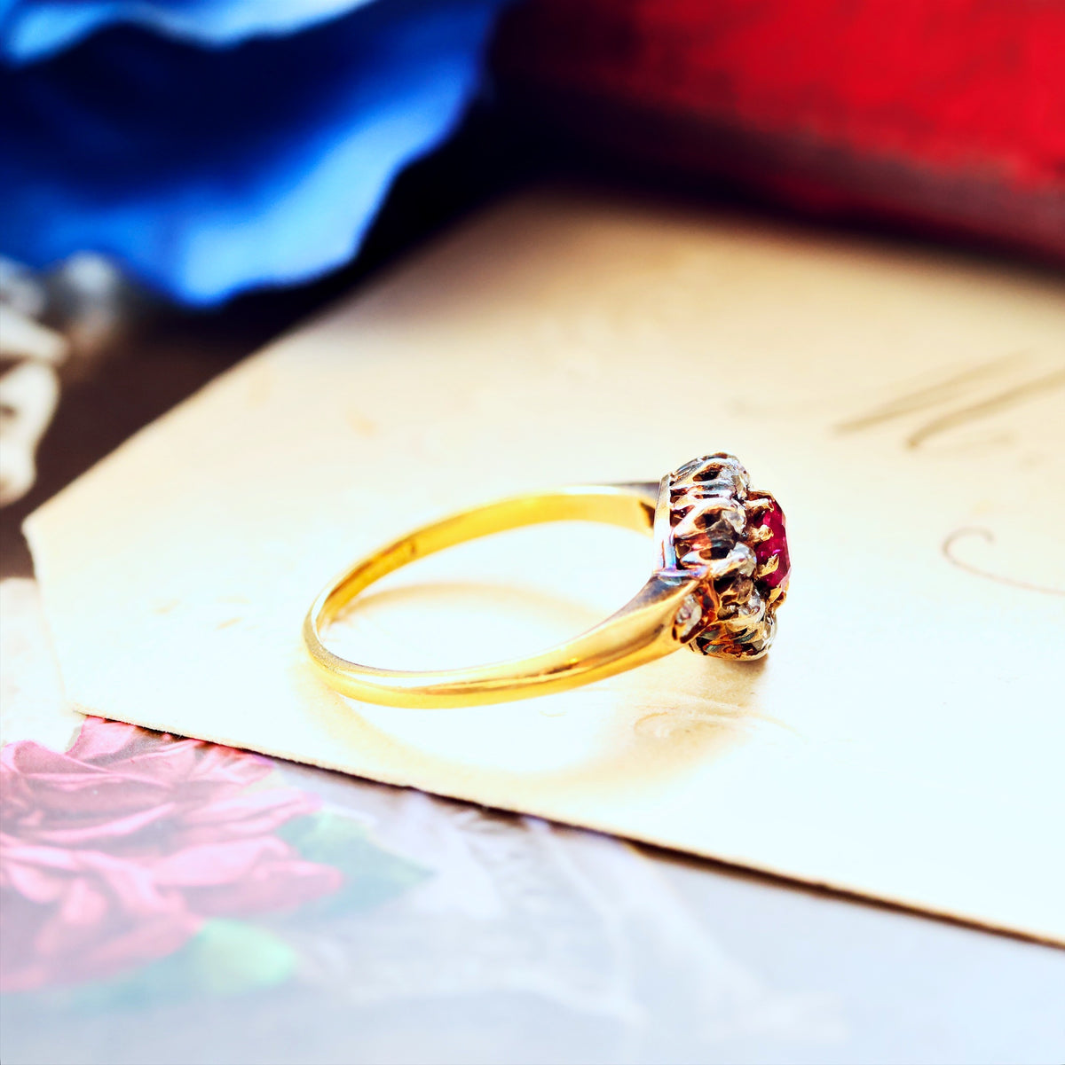 Enchanting Antique Ruby & Diamond Rosette Cluster Ring