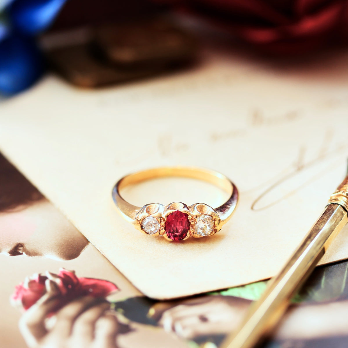 Antique Ruby & Diamond Trilogy Engagement Ring