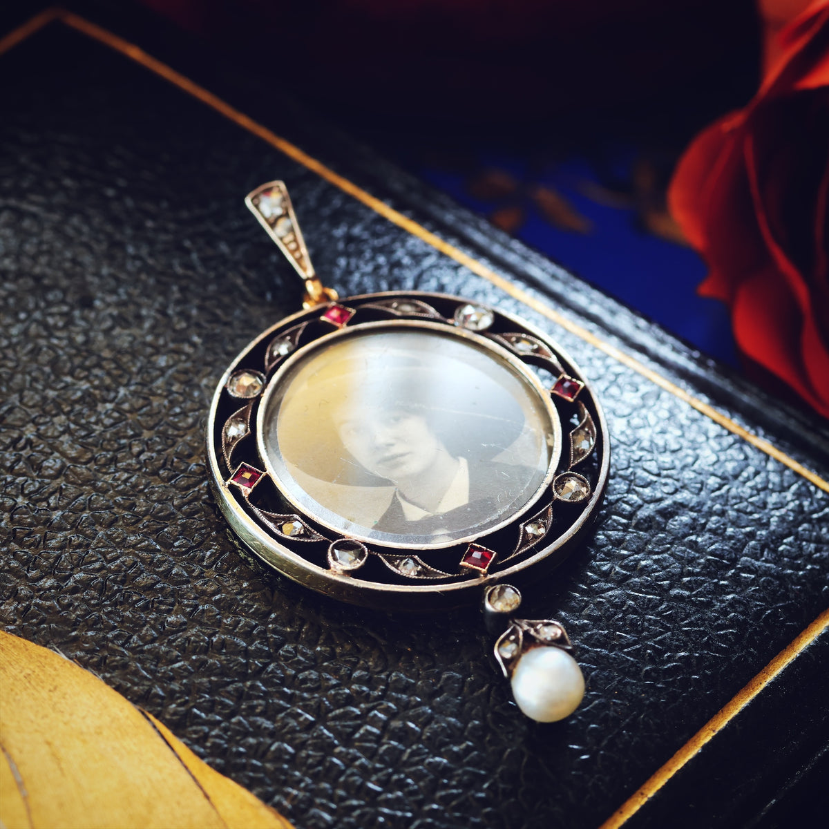 Antique Date 1913 Ruby, Diamond & Pearl Picture Locket
