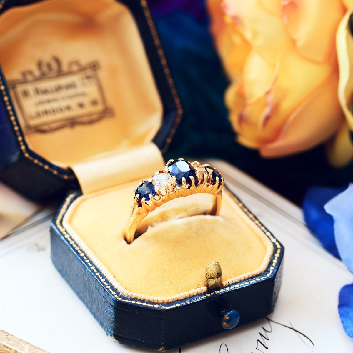 Antique Natural Sapphire & Diamond Five Stone Diamond Ring