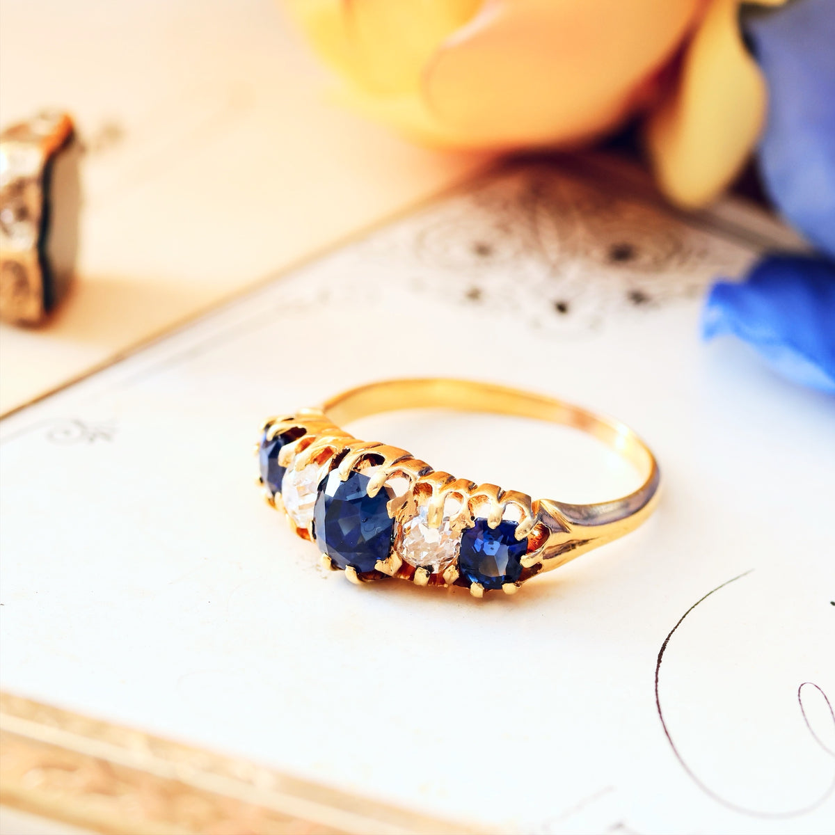 Antique Natural Sapphire & Diamond Five Stone Diamond Ring