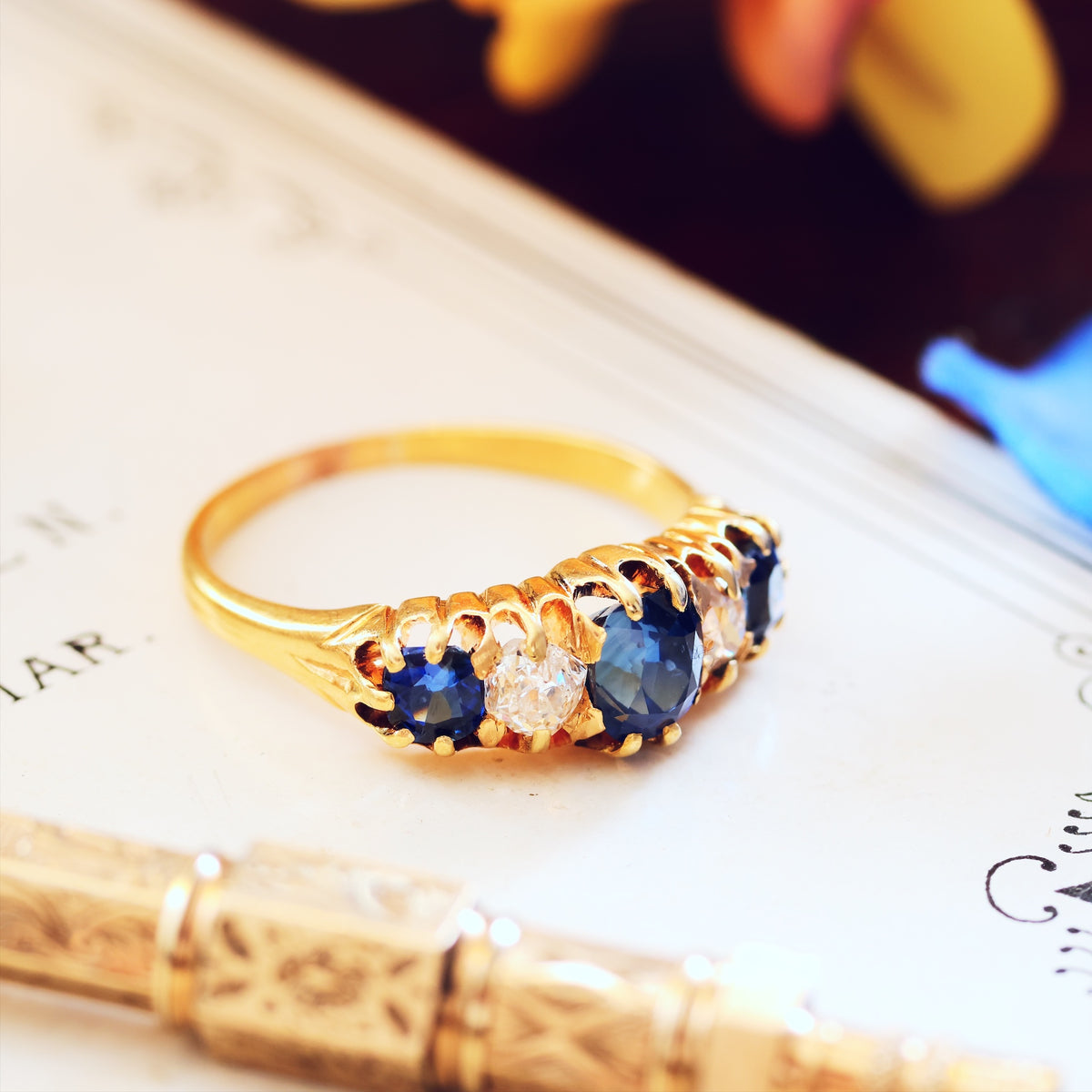 Antique Natural Sapphire & Diamond Five Stone Diamond Ring