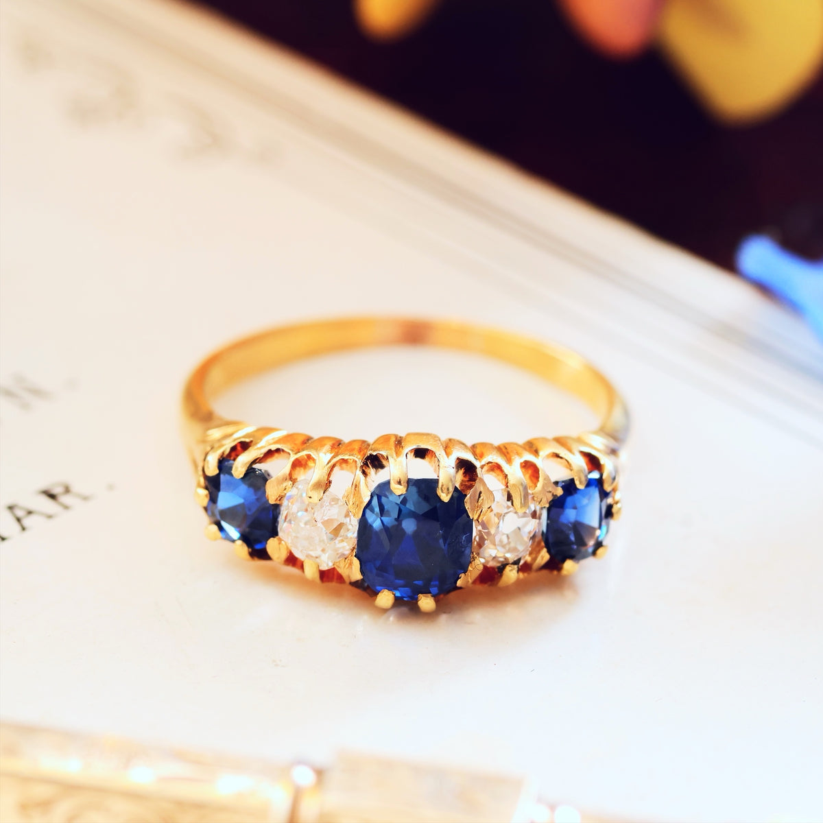 Antique Sapphire & Diamond Five Stone Diamond Ring
