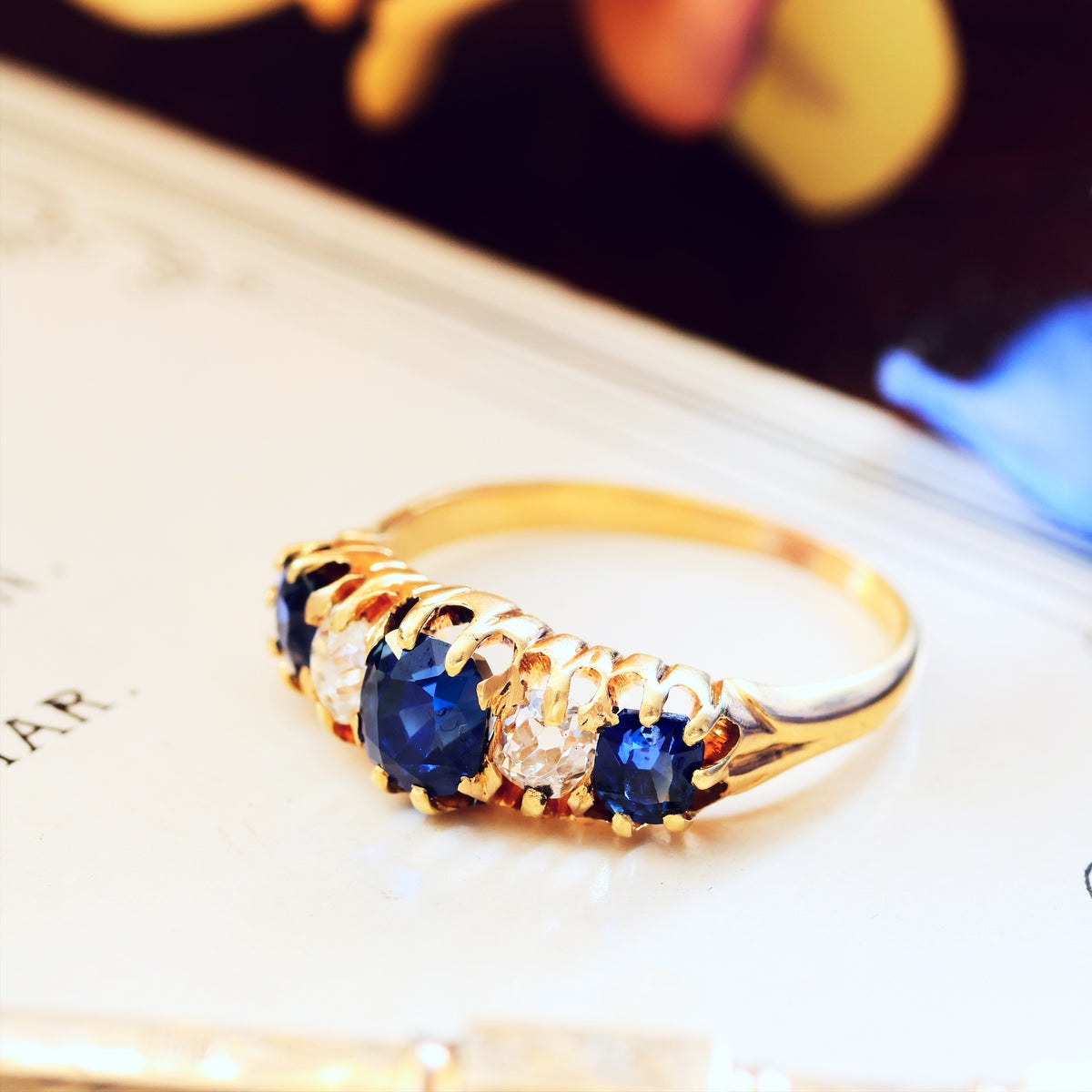 Antique Natural Sapphire & Diamond Five Stone Diamond Ring