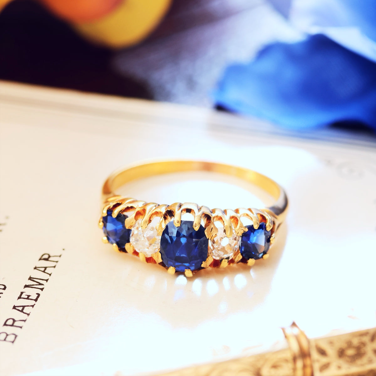 Antique Natural Sapphire & Diamond Five Stone Diamond Ring
