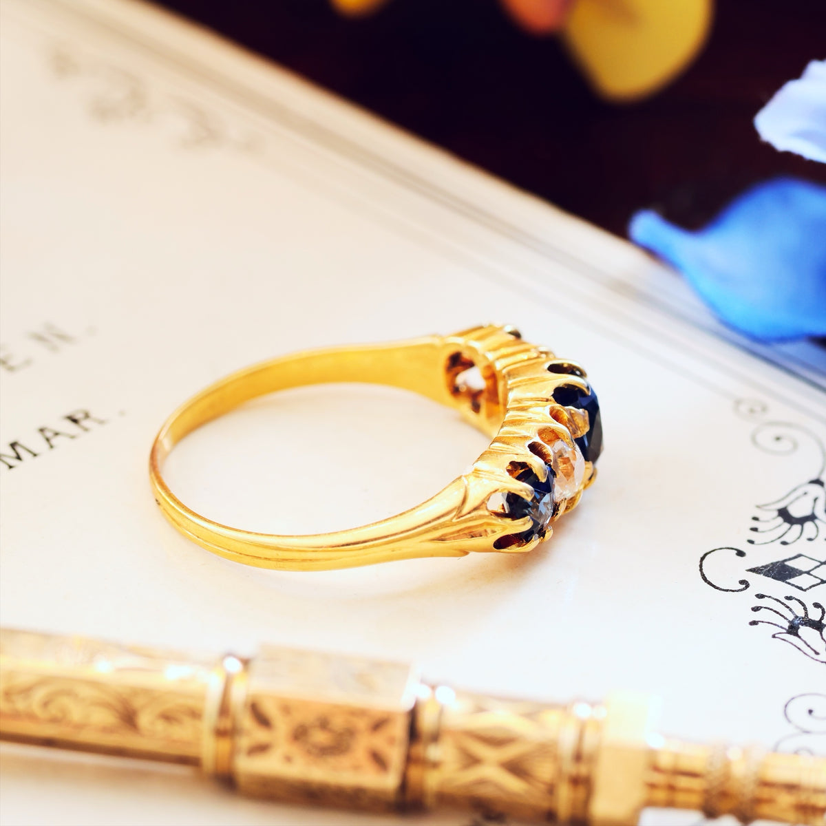 Antique Natural Sapphire & Diamond Five Stone Diamond Ring