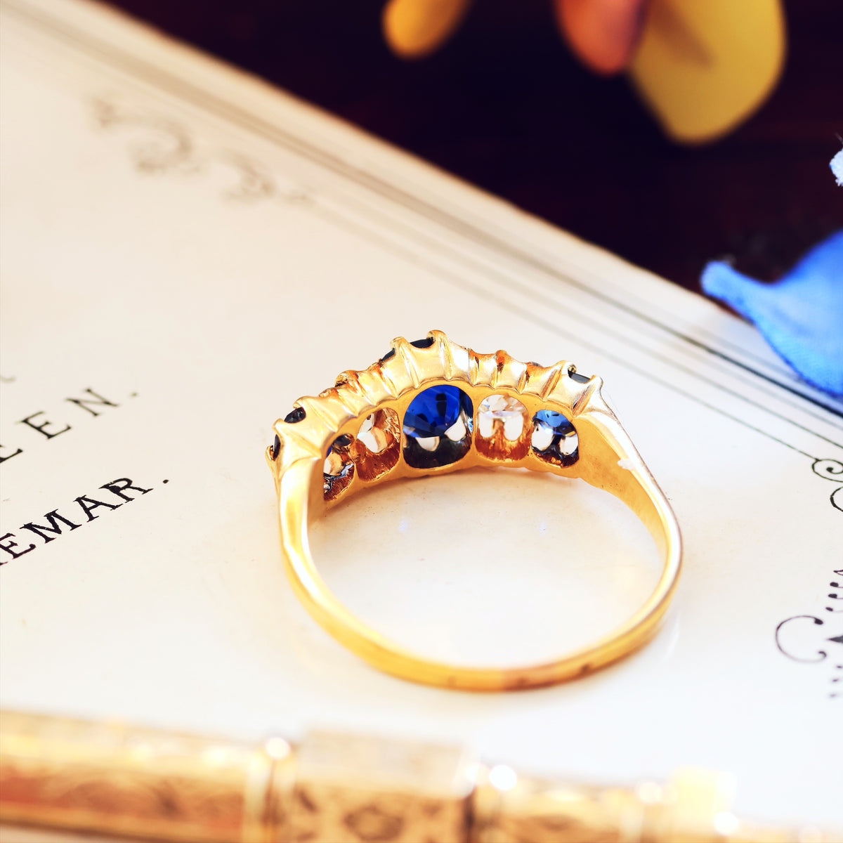 Antique Natural Sapphire & Diamond Five Stone Diamond Ring