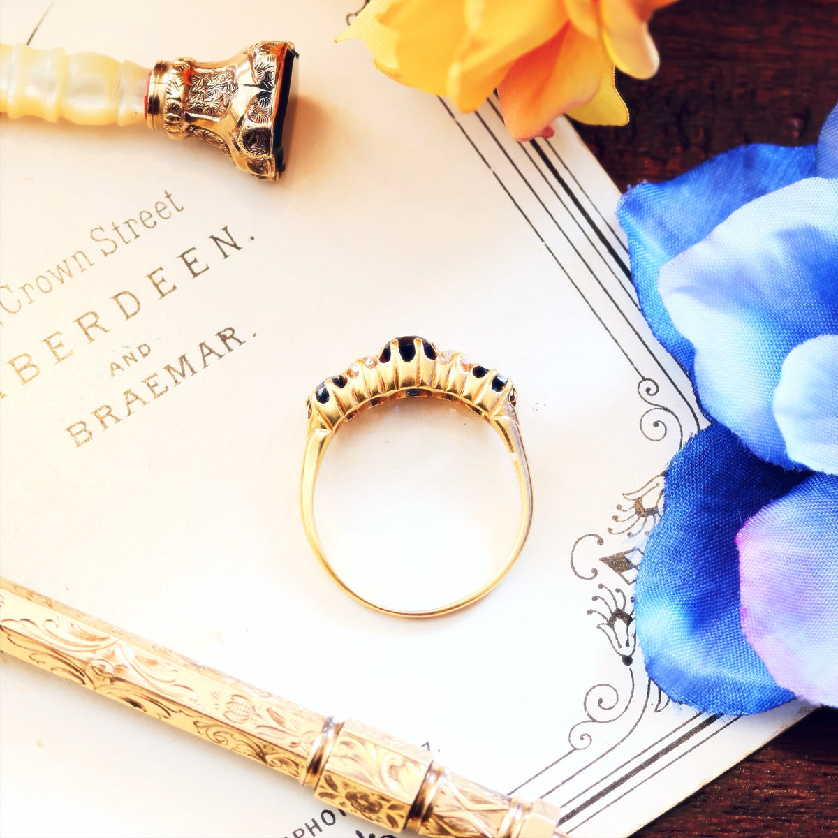 Antique Natural Sapphire & Diamond Five Stone Diamond Ring