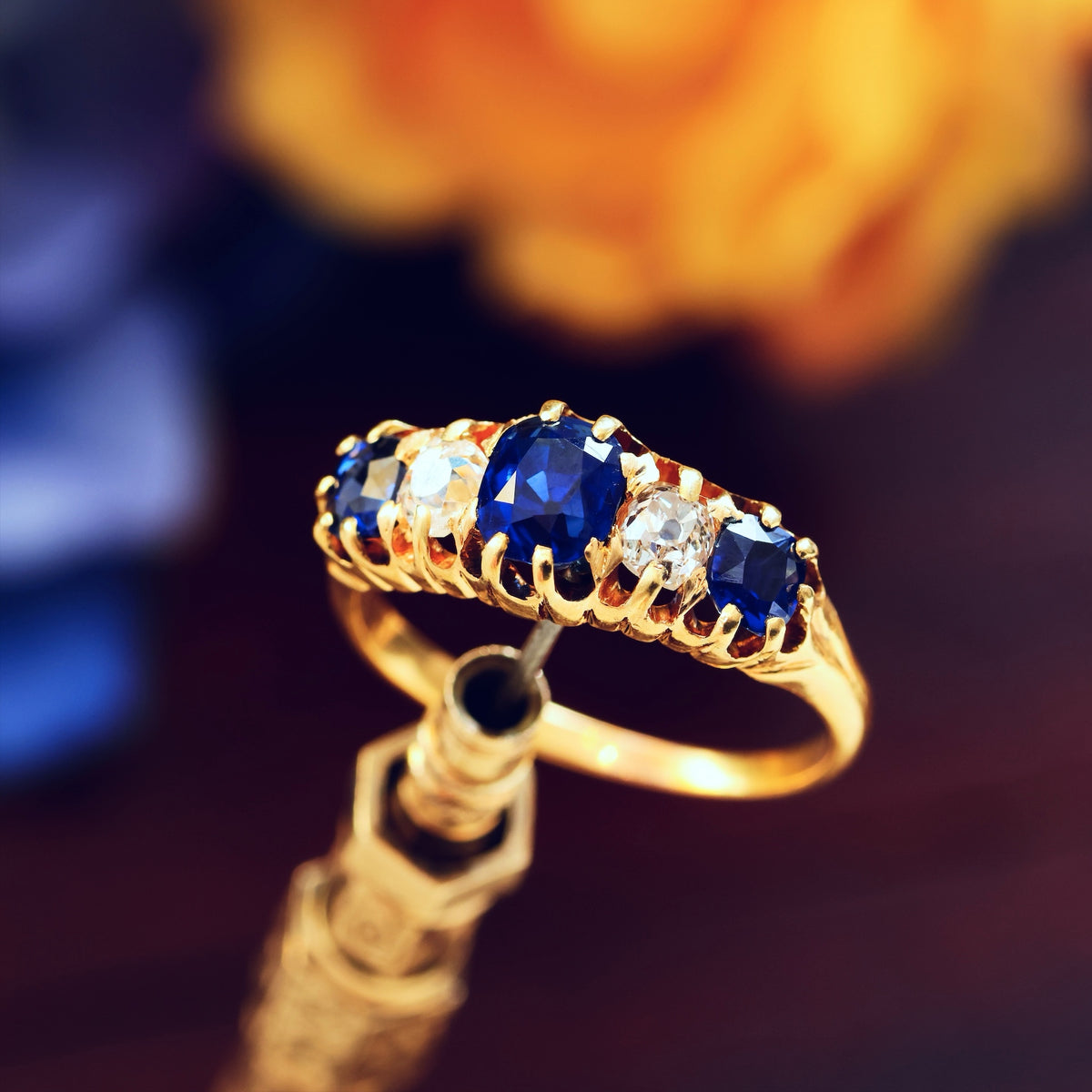 Antique Natural Sapphire & Diamond Five Stone Diamond Ring