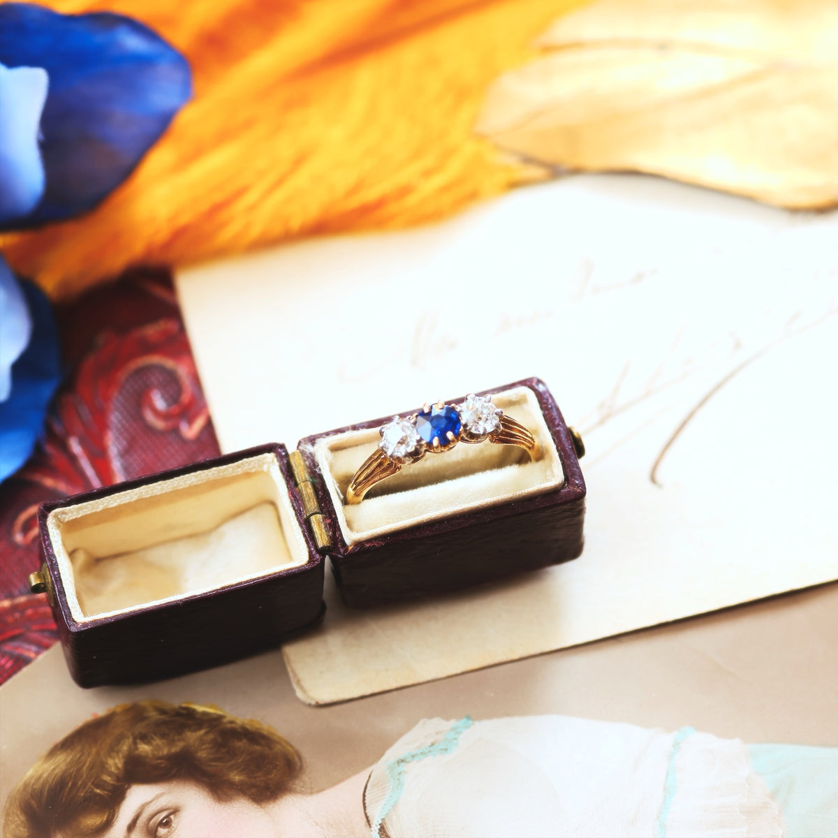 Pristine Antique Trilogy Sapphire & Diamond Engagement Ring