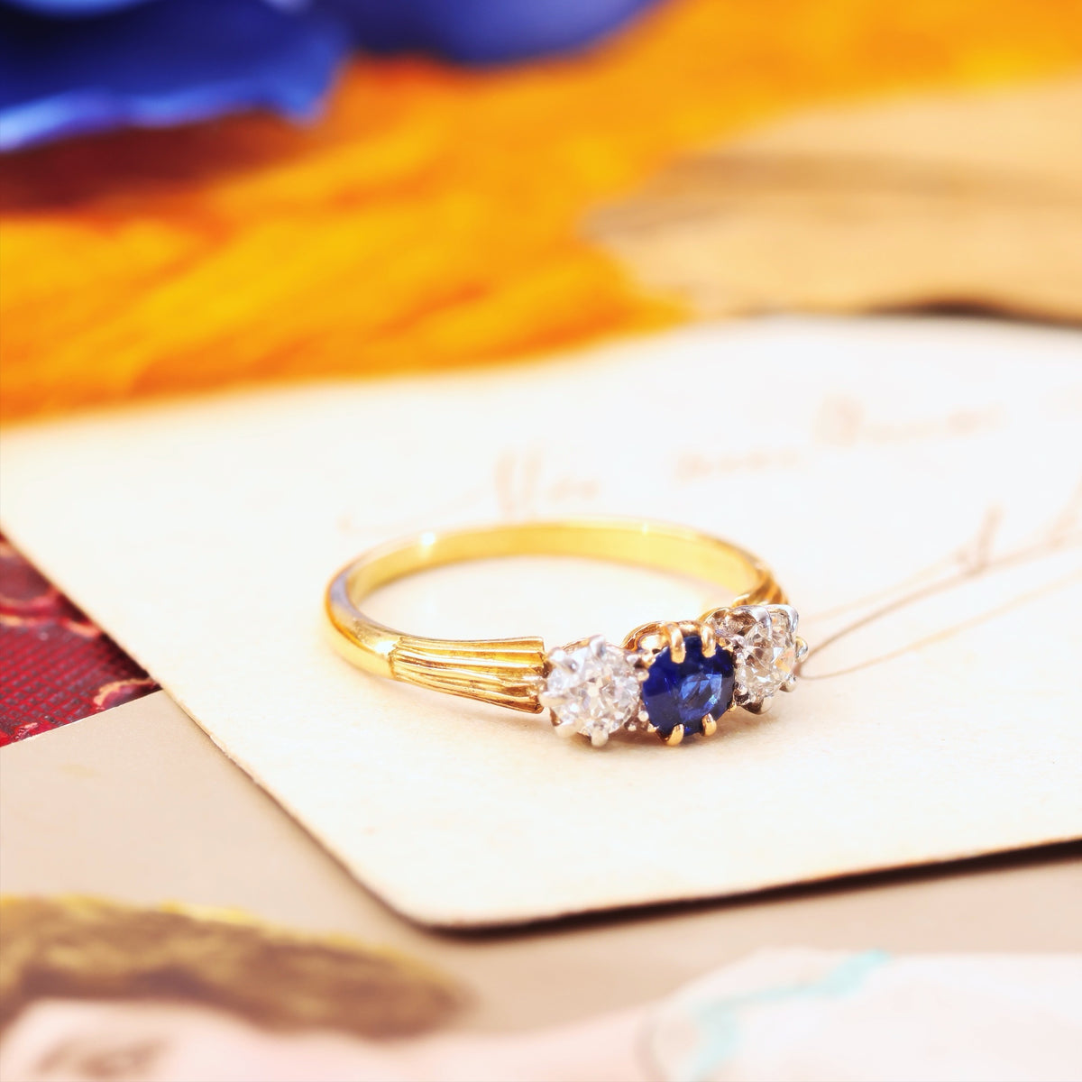 Pristine Antique Trilogy Sapphire & Diamond Engagement Ring
