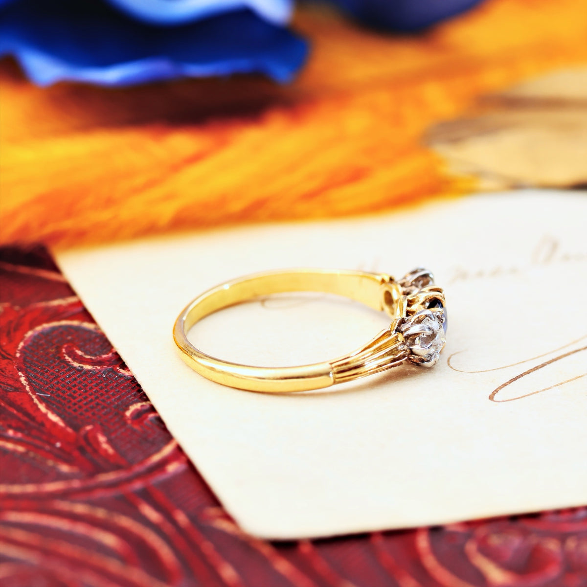 Pristine Antique Trilogy Sapphire & Diamond Engagement Ring